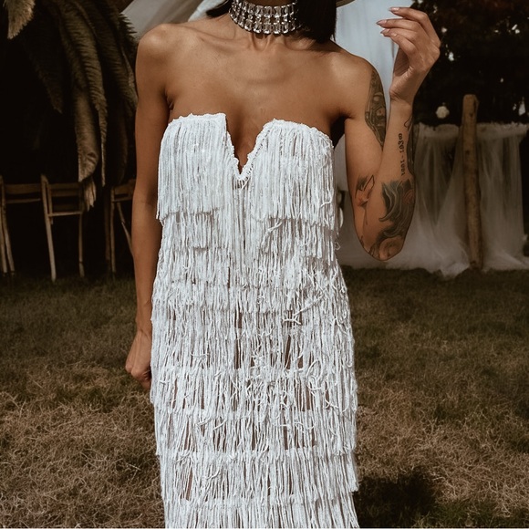 Western Sequin Fringe Maxi Dress, Country Bride Elopement Dress, Boho Wedding - Picture 7 of 10